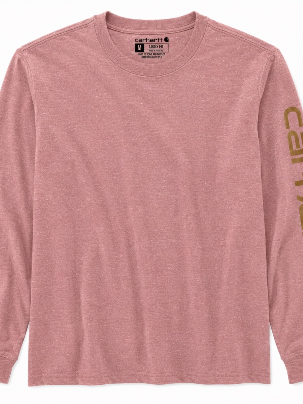 Carhartt women Long Sleeve Tee in Dusty Rose with Gold Sleeve Logo